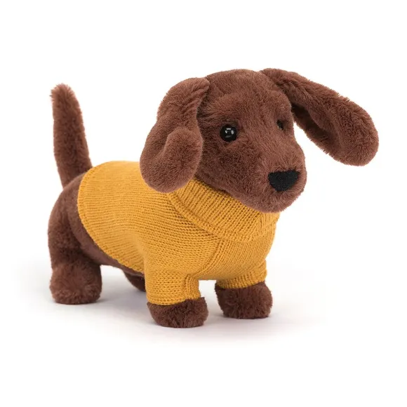 Peluche Chien Saucisse Sweater Jaune - H 14 Cm
