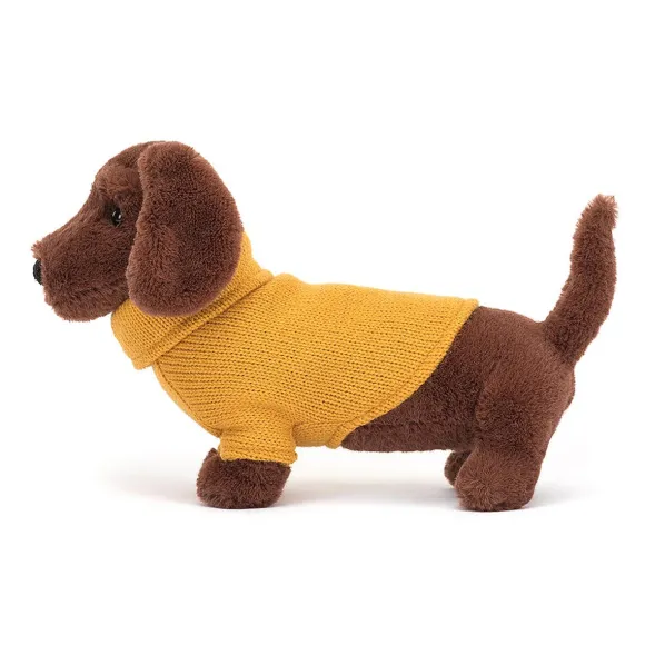 Peluche Chien Saucisse Sweater Jaune - H 14 Cm