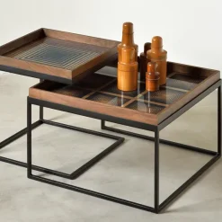 Set De 2 Tables A Plateau Square En Metal Et Bois - L 39 / 52 Cm