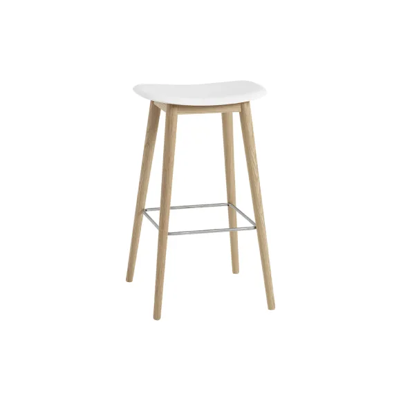 Tabouret De Bar Fiber Pieds Bois Naturel + Assise Blanc